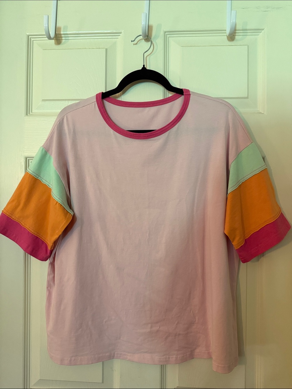 Women's Colorblock Short Sleeve Tee - Pink with Mint & Orange Accents